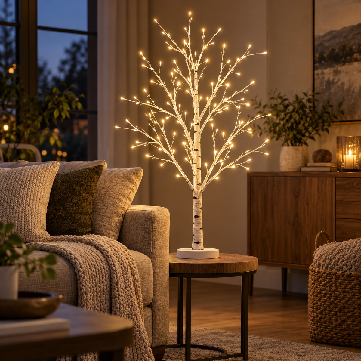 Arbre lumineux LED décoratif dans un salon chaleureux